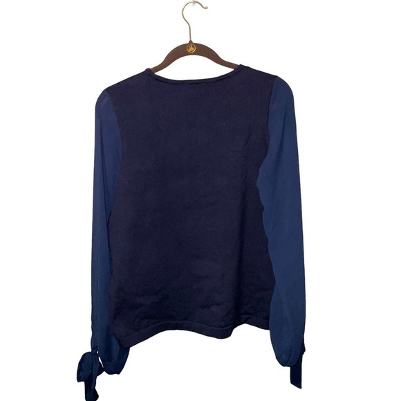CeCe Women's Cotton Chiffon-Sleeve Mixed-Media Sweater Navy SIZE: M NWT - Picture 3 of 8